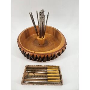 Vintage Live Edge Wood Nut Bowl with Bark Rim and Metal Nut Pick Set MCM Rustic
